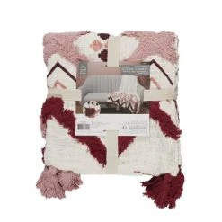 Toilinux Plaids Jeté De Canapé Ethnique Avec Pompons Tufté Beige Et Rose -Plaids Soldes jete de canape ethnique avec pompons tufte beige et rose 2