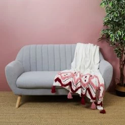 Toilinux Plaids Jeté De Canapé Ethnique Avec Pompons Tufté Beige Et Rose