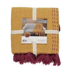 Toilinux Plaids Jeté De Canapé Surpiqué Avec Pompons Jaune Et Rose -Plaids Soldes jete de canape surpique avec pompons jaune et rose 2