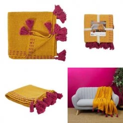 Toilinux Plaids Jeté De Canapé Surpiqué Avec Pompons Jaune Et Rose -Plaids Soldes jete de canape surpique avec pompons jaune et rose 3
