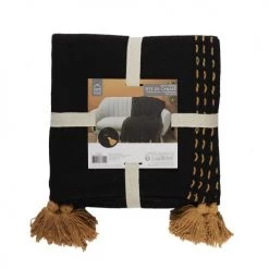 Toilinux Plaids Jeté De Canapé Surpiqué Avec Pompons Noir Et Jaune -Plaids Soldes jete de canape surpique avec pompons noir et jaune 2