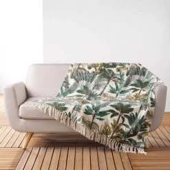 Douceur D'Intérieur Plaids Plaid à Franges Imprimé Exotique Coton Vert 150x125cm