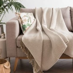 Maisons Du Monde Plaids Plaid Beige Et Blanc à Franges 130x170