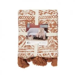 Toilinux Plaids Plaid En Coton à Pompons 120 X 150 Cm Imprimés Ocre Et Beige -Plaids Soldes plaid en coton a pompons 120 x 150 cm imprimes ocre et beige 2