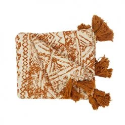 Toilinux Plaids Plaid En Coton à Pompons 120 X 150 Cm Imprimés Ocre Et Beige -Plaids Soldes plaid en coton a pompons 120 x 150 cm imprimes ocre et beige 3