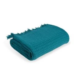 Maisons Du Monde Plaids Plaid En Coton Recyclé Tissé Bleu Canard 160x210