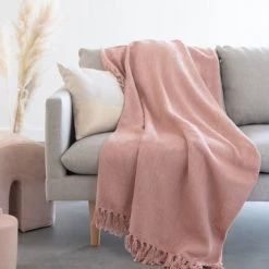 Maisons Du Monde Plaids Plaid En Coton Rose Poudré à Franges 160x210 -Plaids Soldes plaid en coton rose poudre a franges 160x210 1000 7 9 214275 8