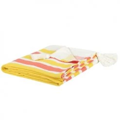 Maisons Du Monde Plaids Plaid En Coton Tissé à Rayures écrues, Corail Et Jaunes 160x210
