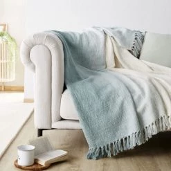 Maisons Du Monde Plaids Plaid En Coton Tissé Vert Et écru Tye And Dye Teint à La Main 160x210