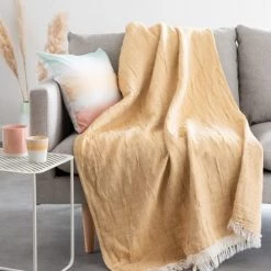 Maisons Du Monde Plaids Plaid En Gaze De Coton Et Lin Jaune Sable 160x210