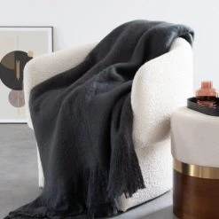 Maisons Du Monde Plaids Plaid Gratté Gris Anthracite à Franges 150x200