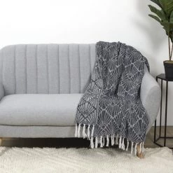 Toilinux Plaids Plaid Imprimé Géométrique 125 X 150 Cm Bleu Marine Et Blanc