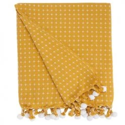 Future Home Plaids Plaid Polycoton Curry Et Blanc Avec Pompons 125x150cm