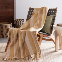 Maisons Du Monde Plaids Plaid Tissé à Rayures En Coton Biologique Détail Franges Jauen Moutarde, Beige Et Blanc 160x210