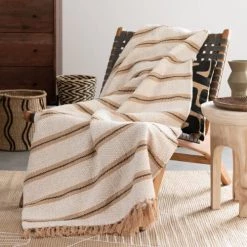 Maisons Du Monde Plaids Plaid Tissé En Coton Recyclé Détail Franges Beige, Noir, Blanc Et Brun 160x210