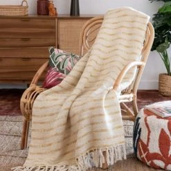 Maisons Du Monde Plaids Plaid Tissé En Coton Recyclé Détail Franges Jaune, écru Et Beige 160x210